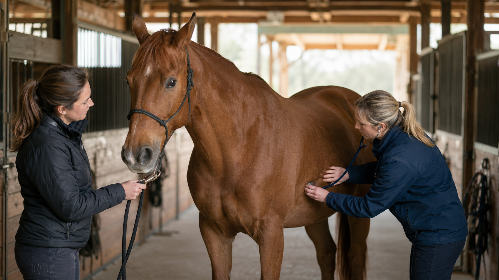 Veterinarian listening to a standing horse's flank during a colic assessment