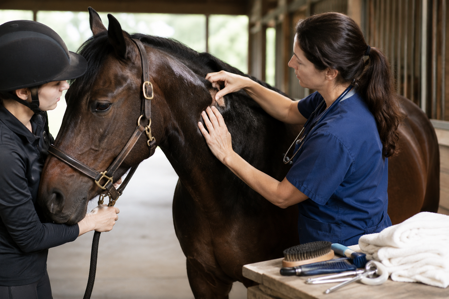 Veterinarian and rider examining a horse's skin beneath the mane