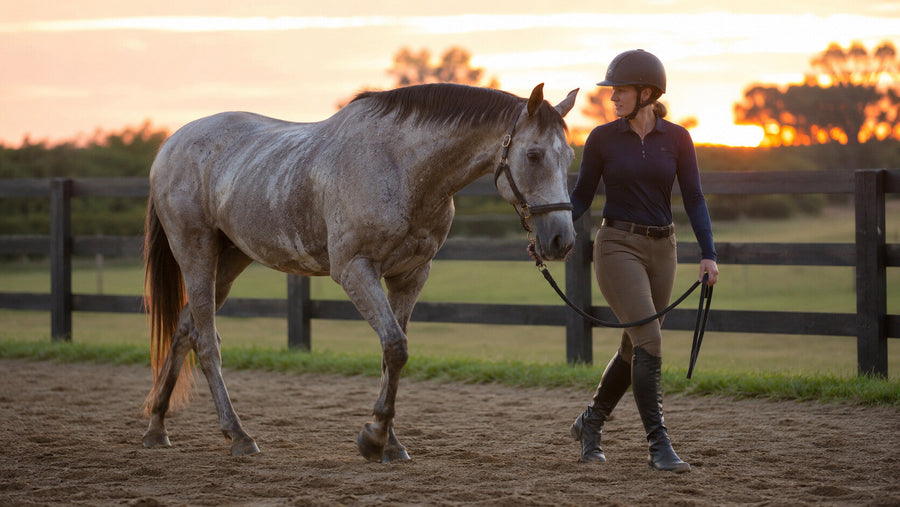Handler walking a horse at dusk during a proper cool-down