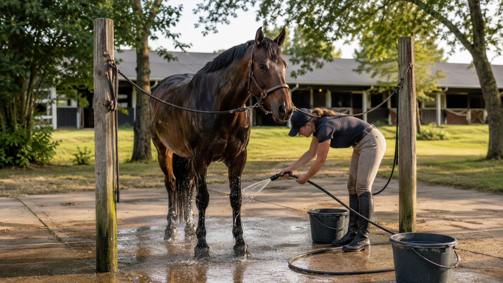 Handler cooling a horse's lower legs at an outdoor wash rack