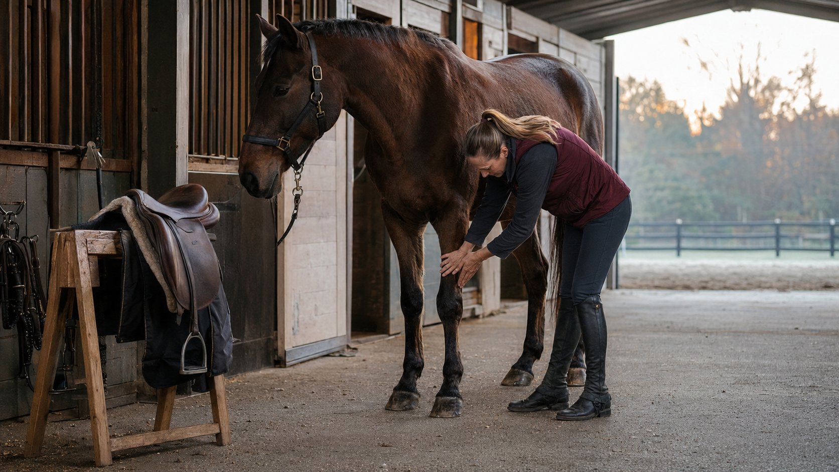 Rider performing a careful daily leg check before saddling a horse