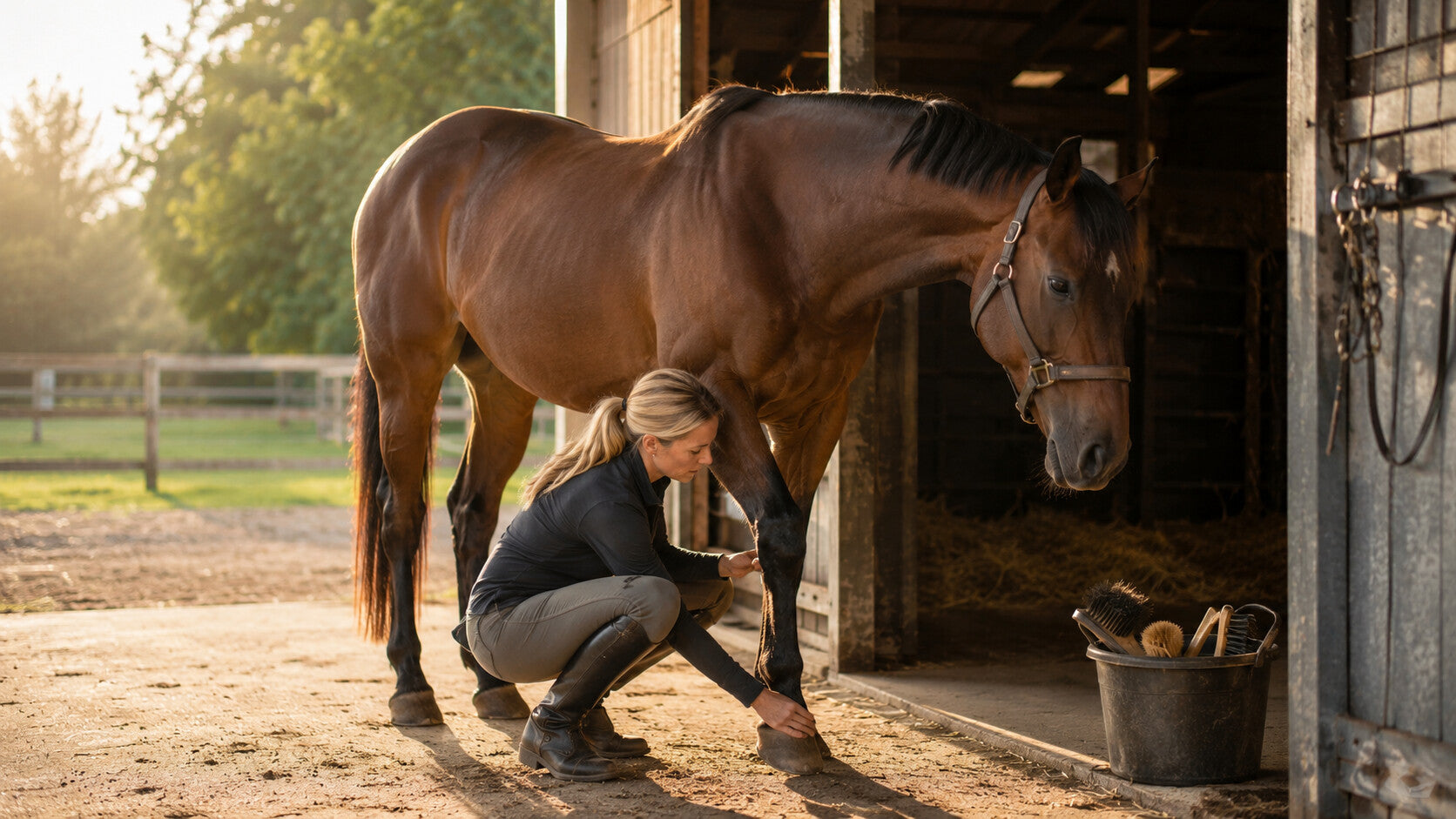 Horse owner completing a daily leg and hoof check at the stall door