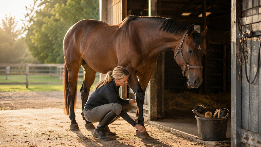 Horse owner completing a daily leg and hoof check at the stall door