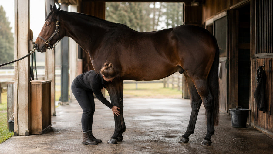 Caretaker checking a horse’s lower leg during the daily routine