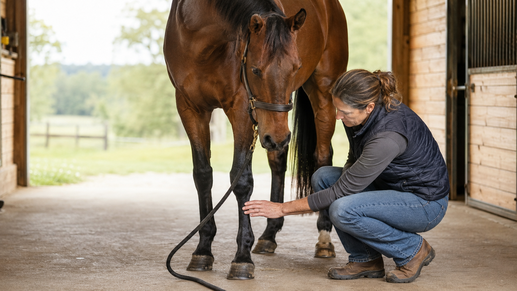 Horse owner performing a calm daily hands-on leg check in a barn aisle