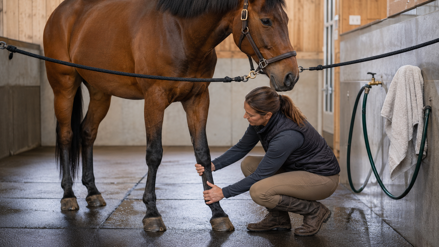 Horse owner performing a calm post-work leg check in a wash rack