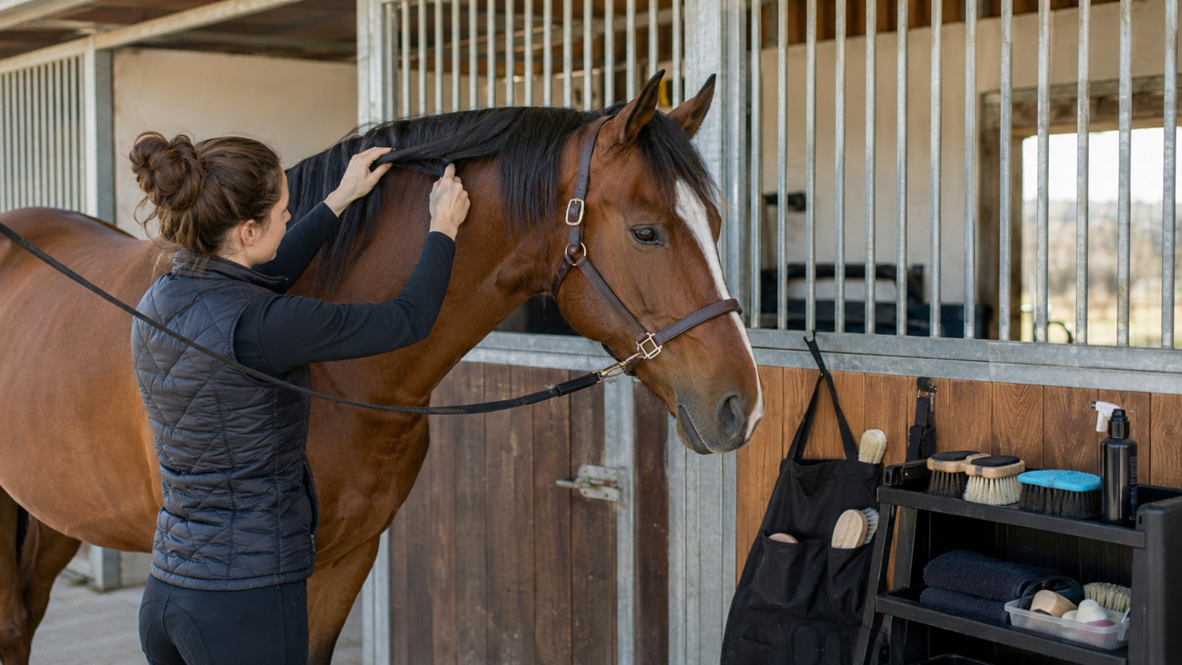 Groomer organizing mane and tail tools before a horse show