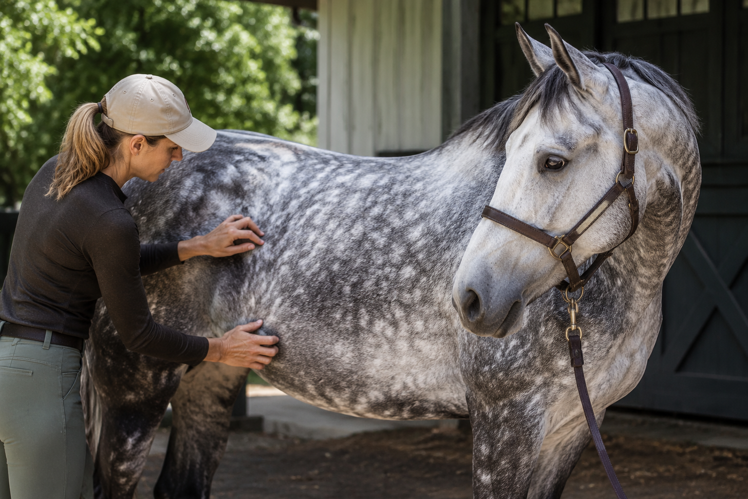 Rider grooming and observing the coat of a dapple gray horse
