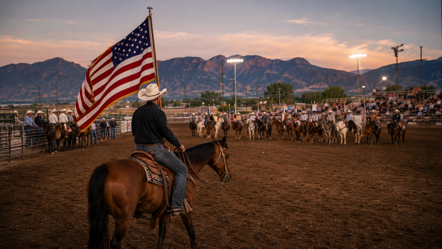 Rodeo tradition in Utah with riders entering an arena at dusk