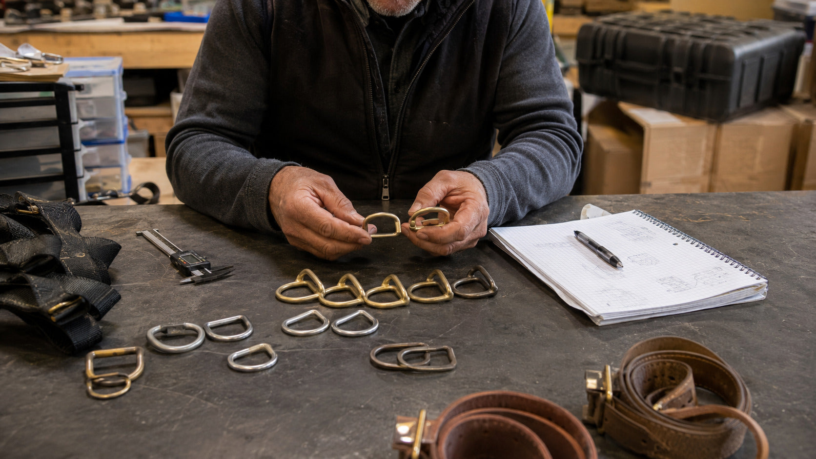 Founder inspecting production samples and handwritten quality notes at a worktable