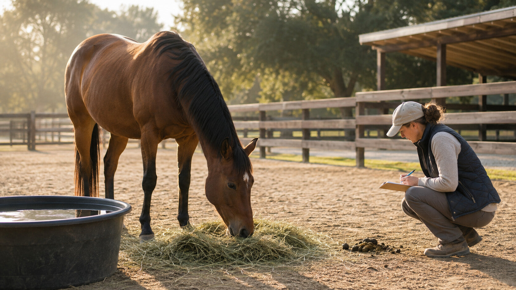 Horse eating forage beside clean water during a digestive-health routine