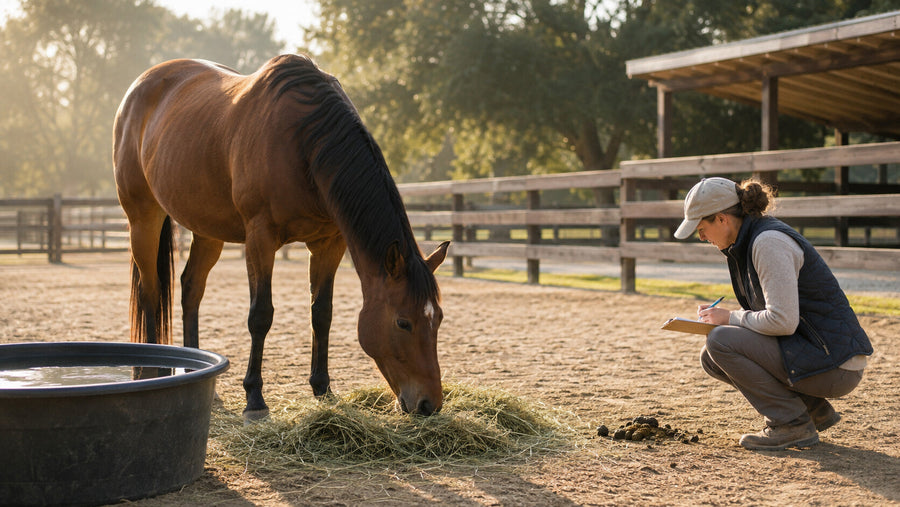 Horse eating forage beside clean water during a digestive-health routine