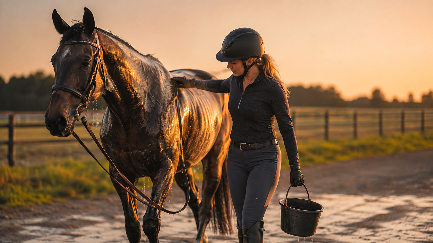 Rider cooling a sweaty horse after exercise at sunset