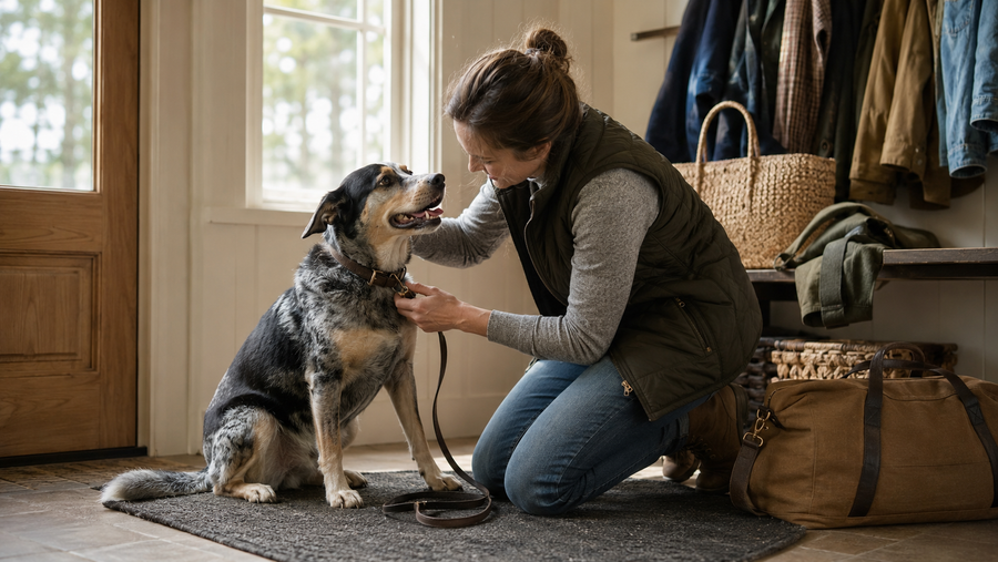 Owner checking a dog after returning home from boarding