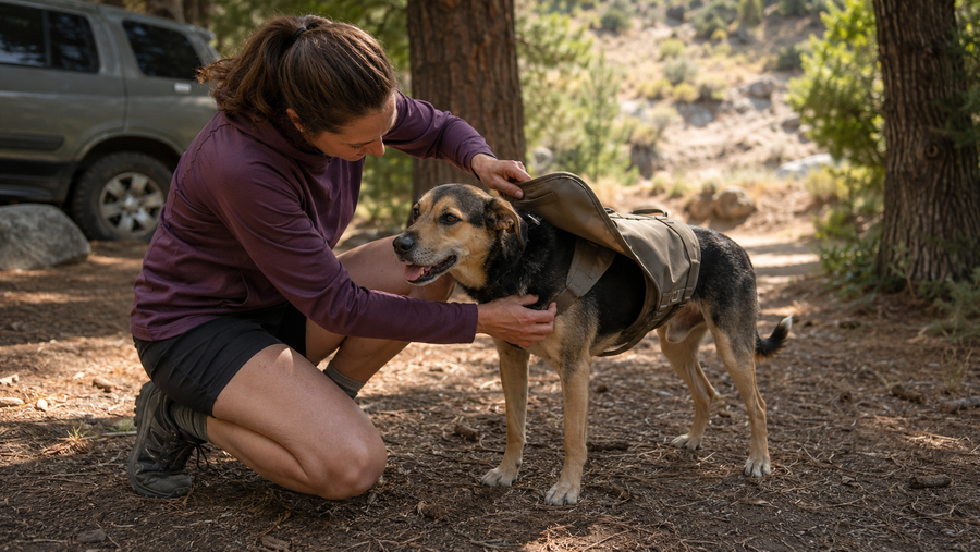 Owner checking the fit of a dog’s trail pack at a shaded trailhead