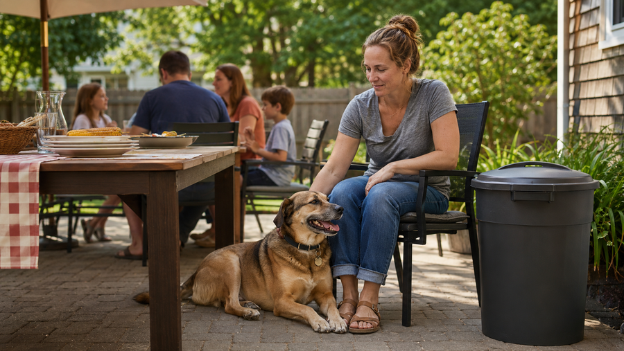 Owner calmly supervising a dog beside a secure trash can during a backyard cookout