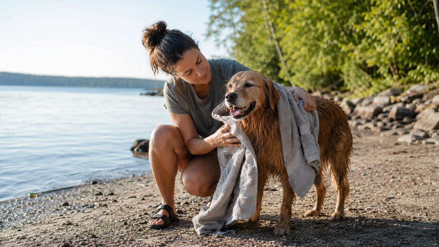 Dog owner towel-drying a wet dog beside a calm lake