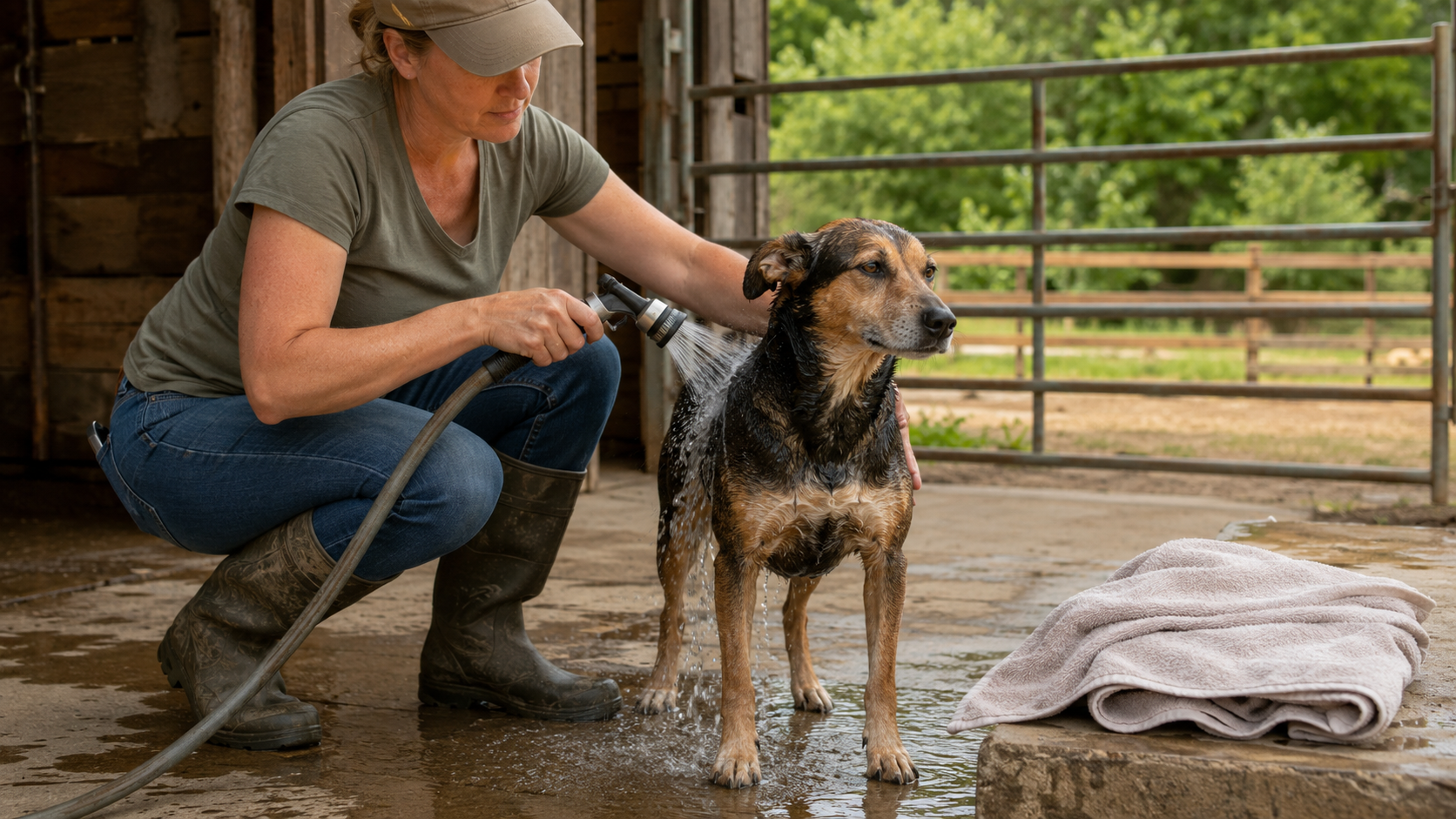 Owner safely rinsing and preparing to towel-dry a dog