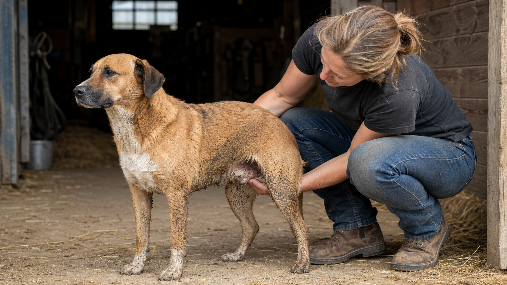 Owner inspecting a muddy dog's belly after barn chores