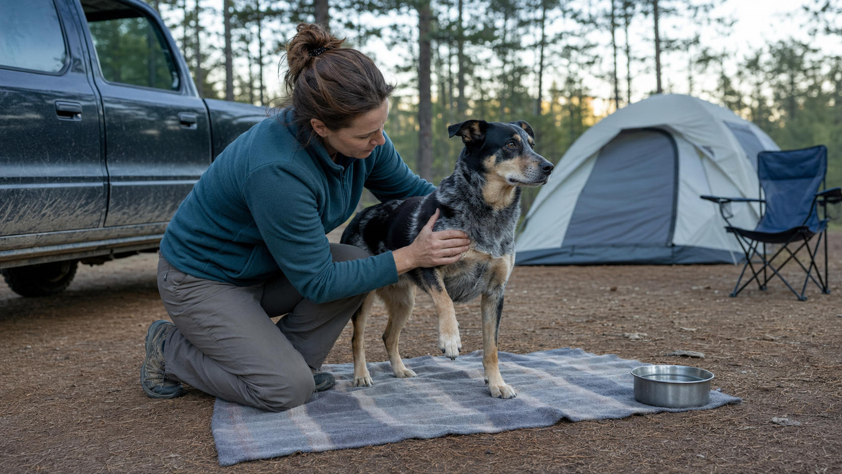 Owner checking a dog's chest and paw after a camping trip