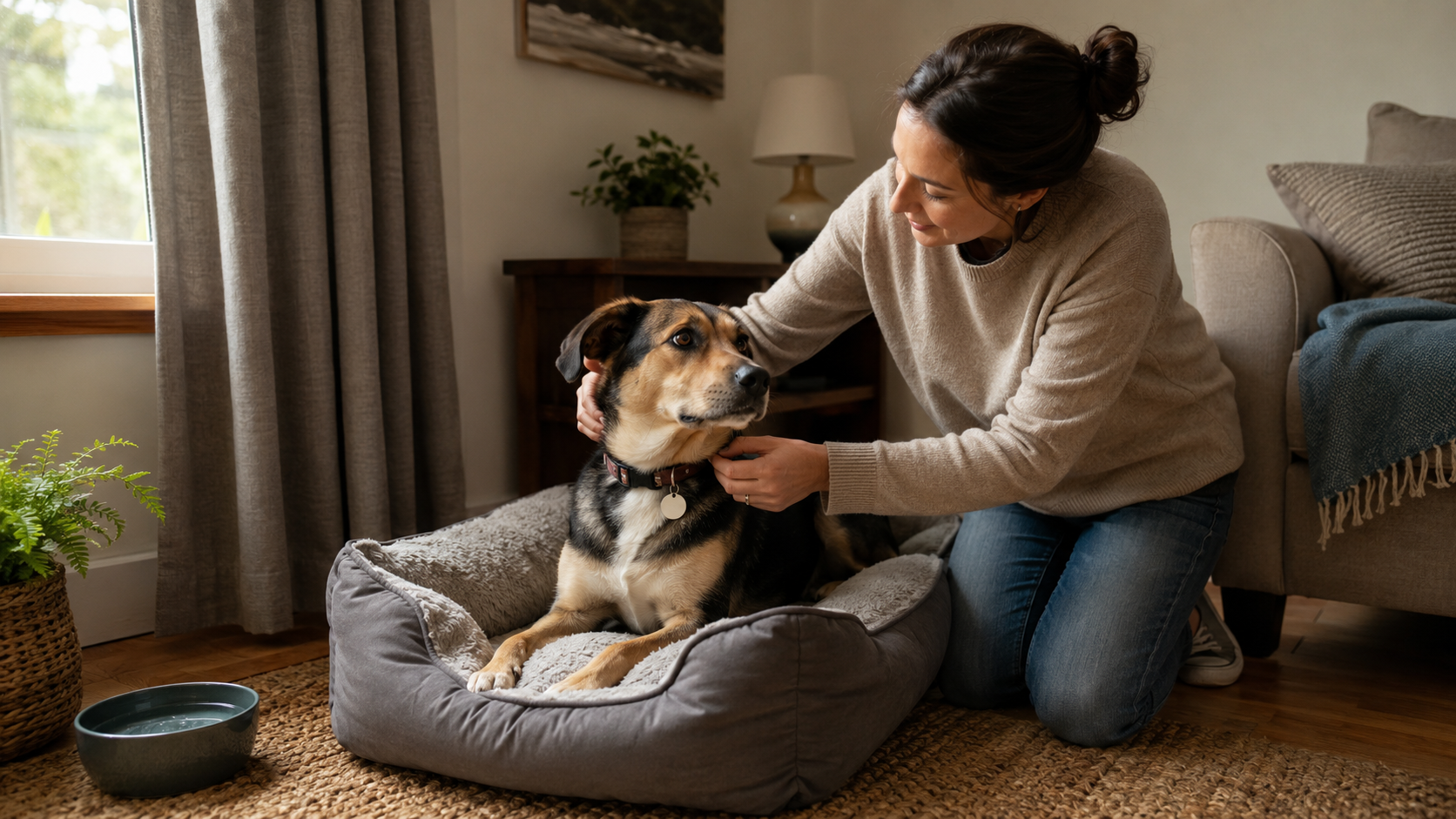 Owner preparing a quiet indoor space for a dog before holiday noise