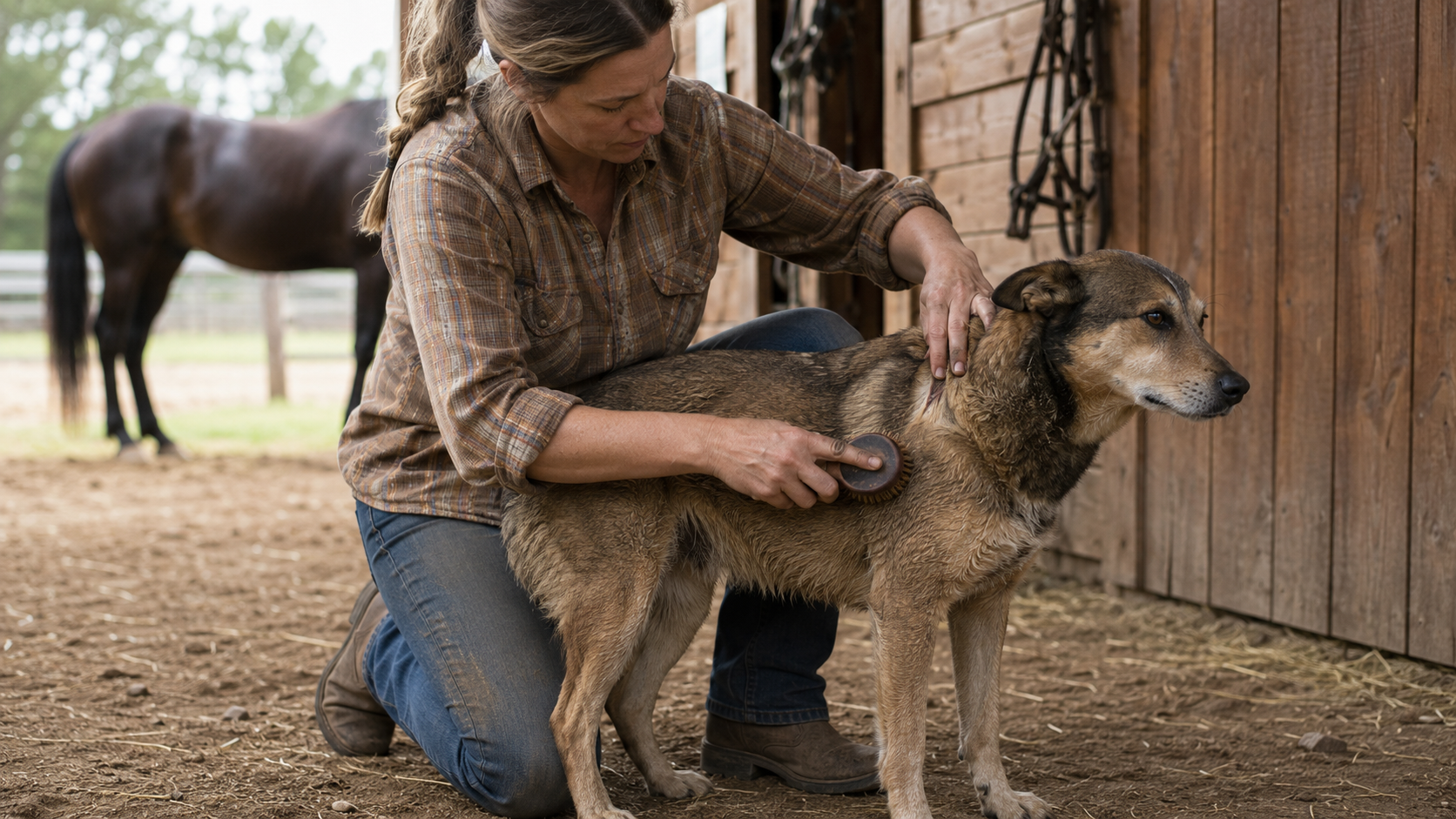 Owner checking and brushing a dusty dog's coat after outdoor work