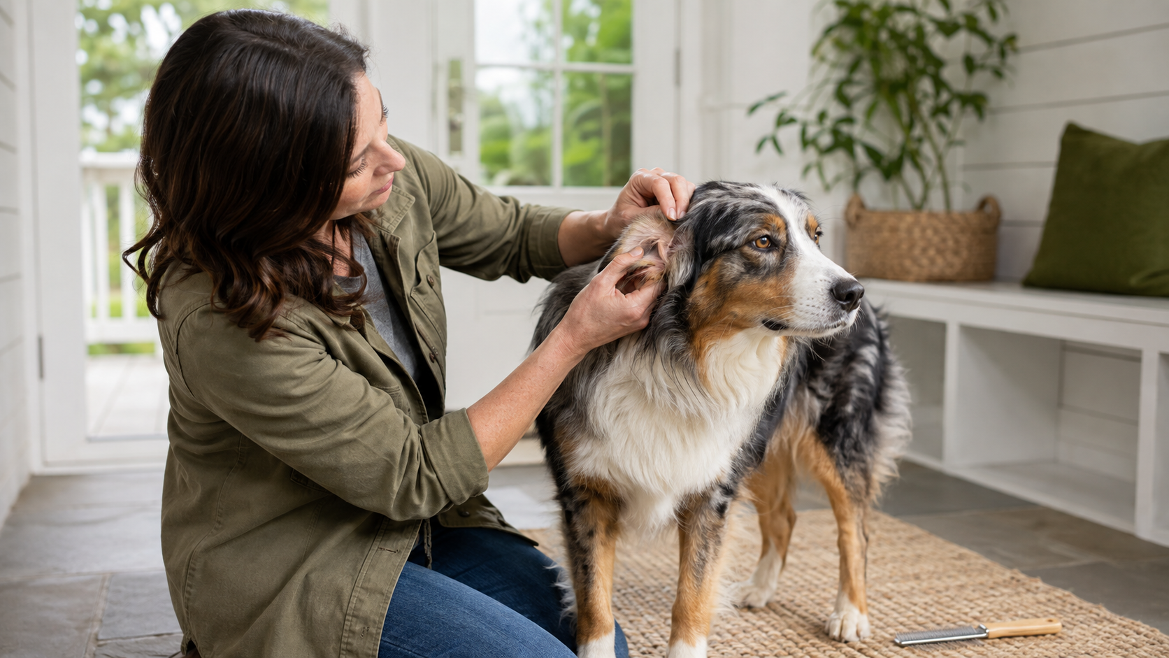 Owner gently parting a dog’s coat behind the ear to check a small mat and the skin underneath