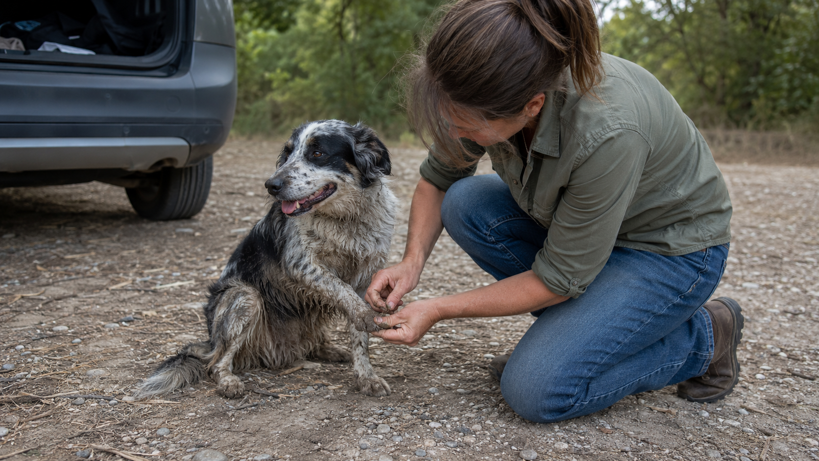 Owner checking a dirty dog's paw after a trail walk