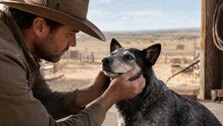 Owner inspecting a cattle dog’s nose after a windy dusty outdoor day