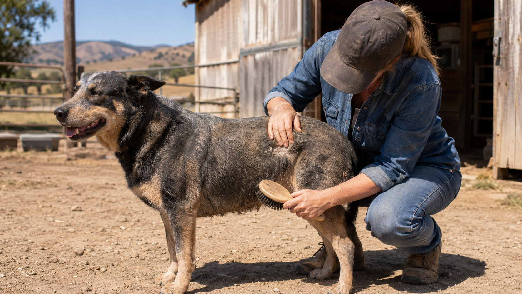 Owner brushing dust from a dog's coat and checking the skin
