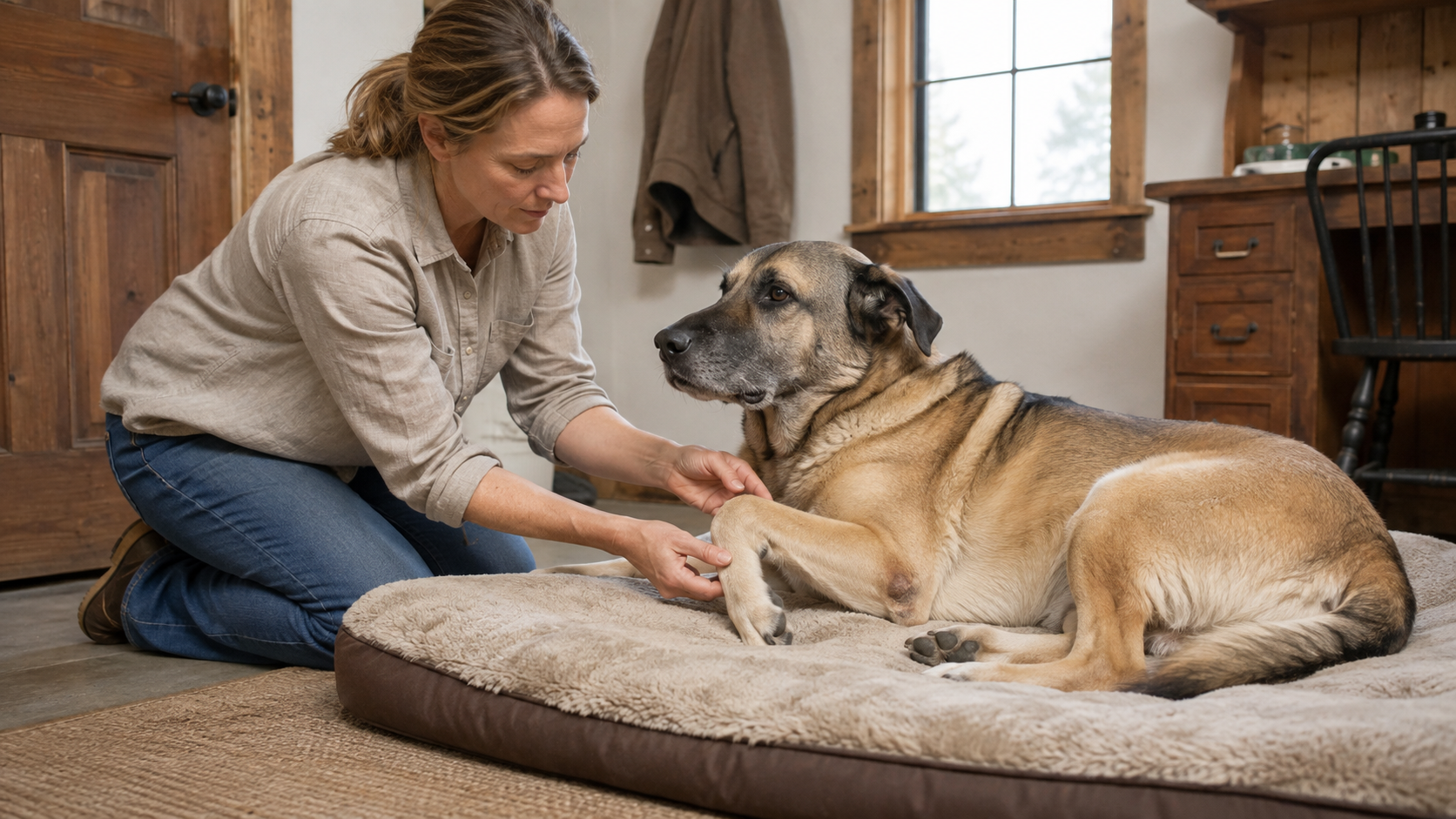 Owner gently checking a large dog’s dry elbow callus while the dog rests on a thick padded bed
