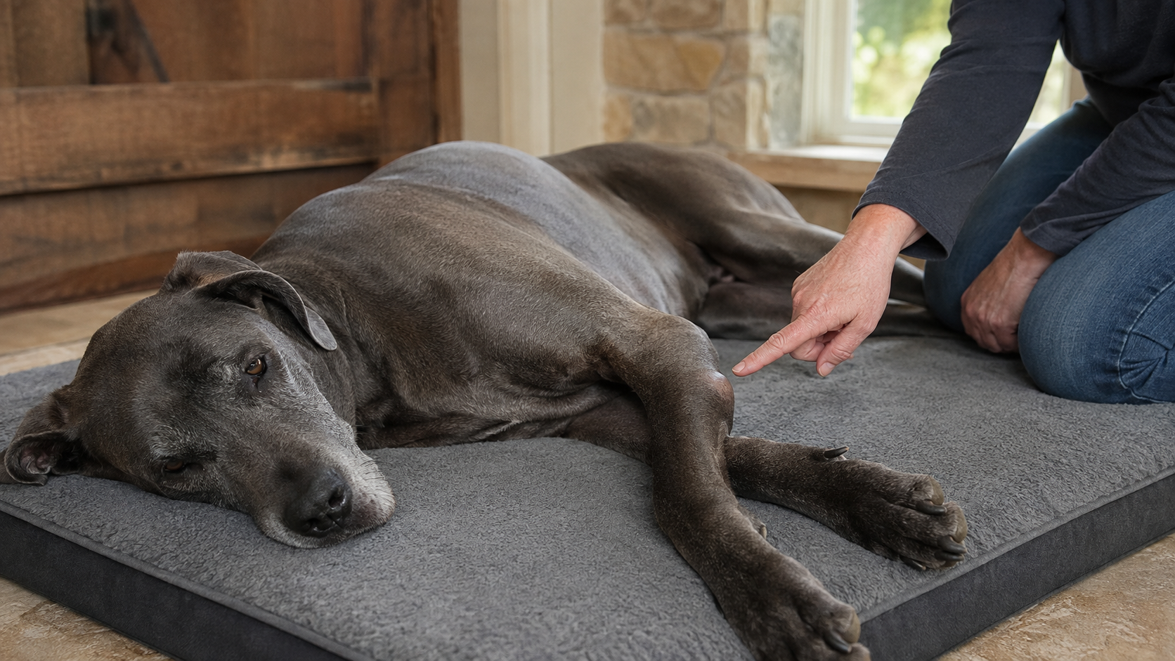 Large dog with a mild elbow hygroma resting on a thick pressure-relief mat