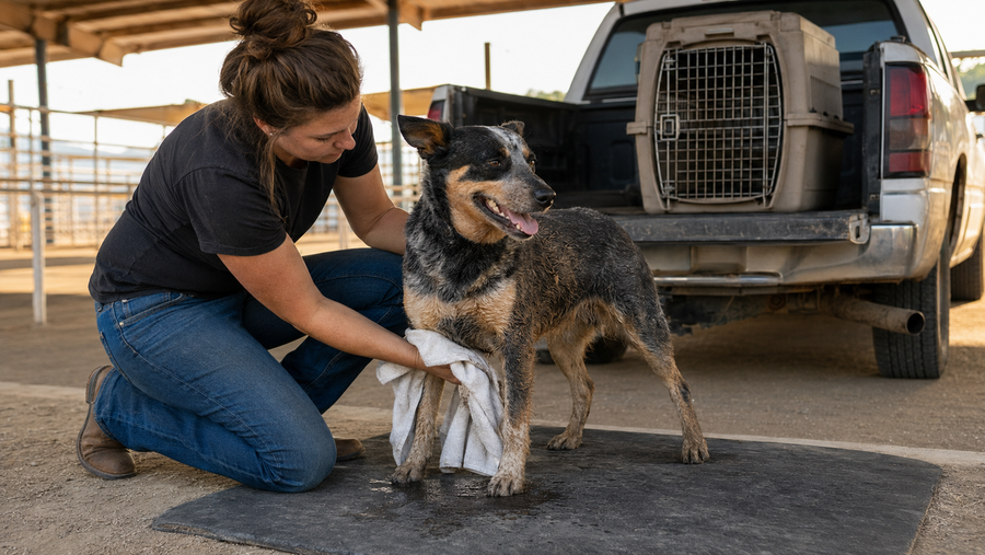 Owner checking and wiping a dusty dog before the ride home