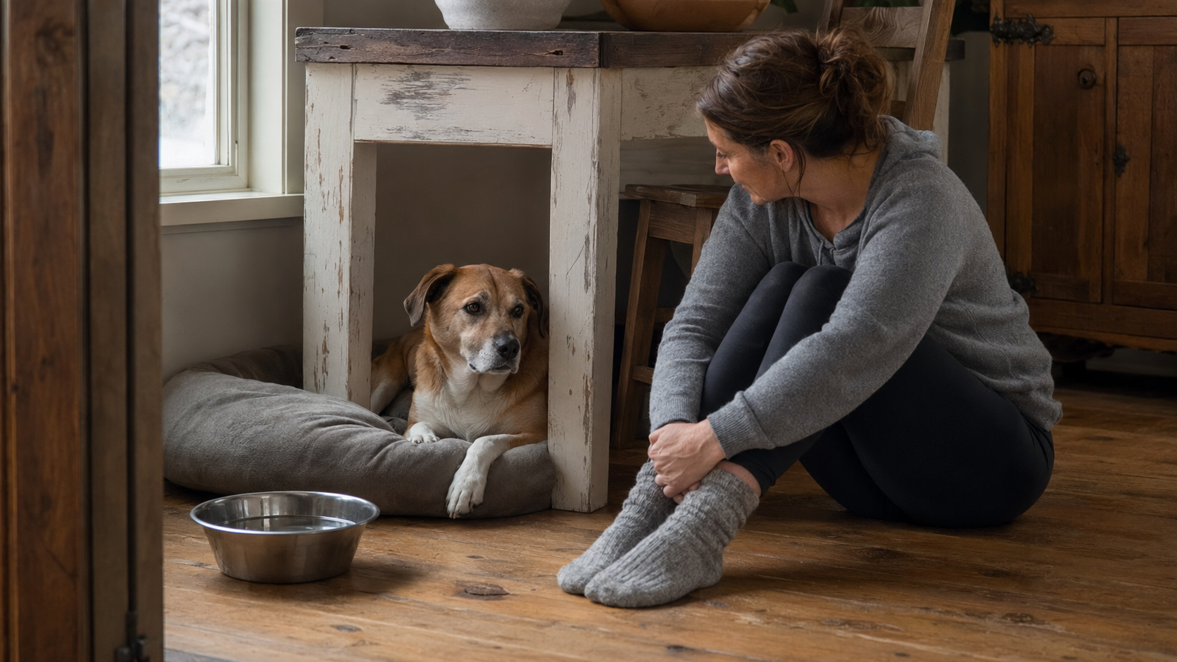 Owner sitting near a dog resting in a quiet space after fireworks weekend