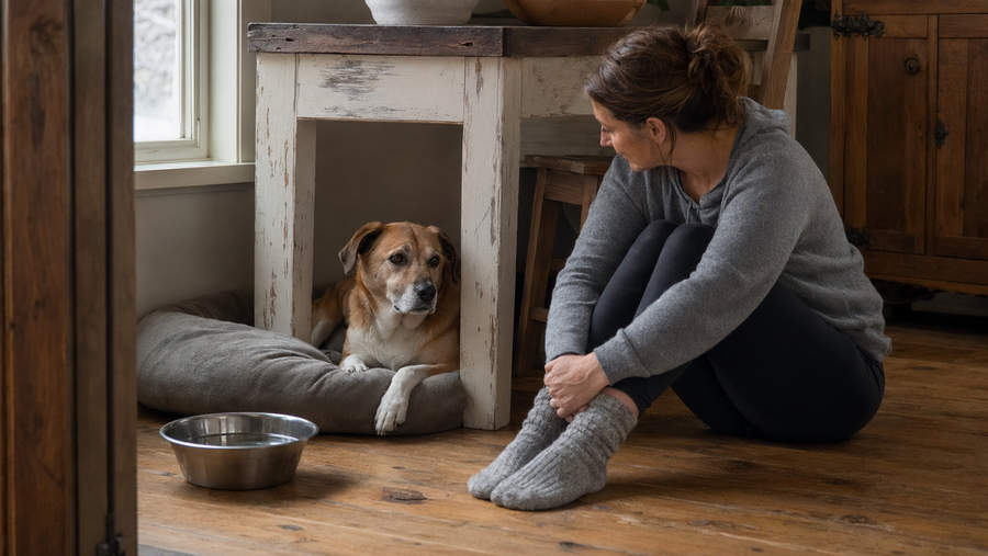 Owner sitting near a dog resting in a quiet space after fireworks weekend