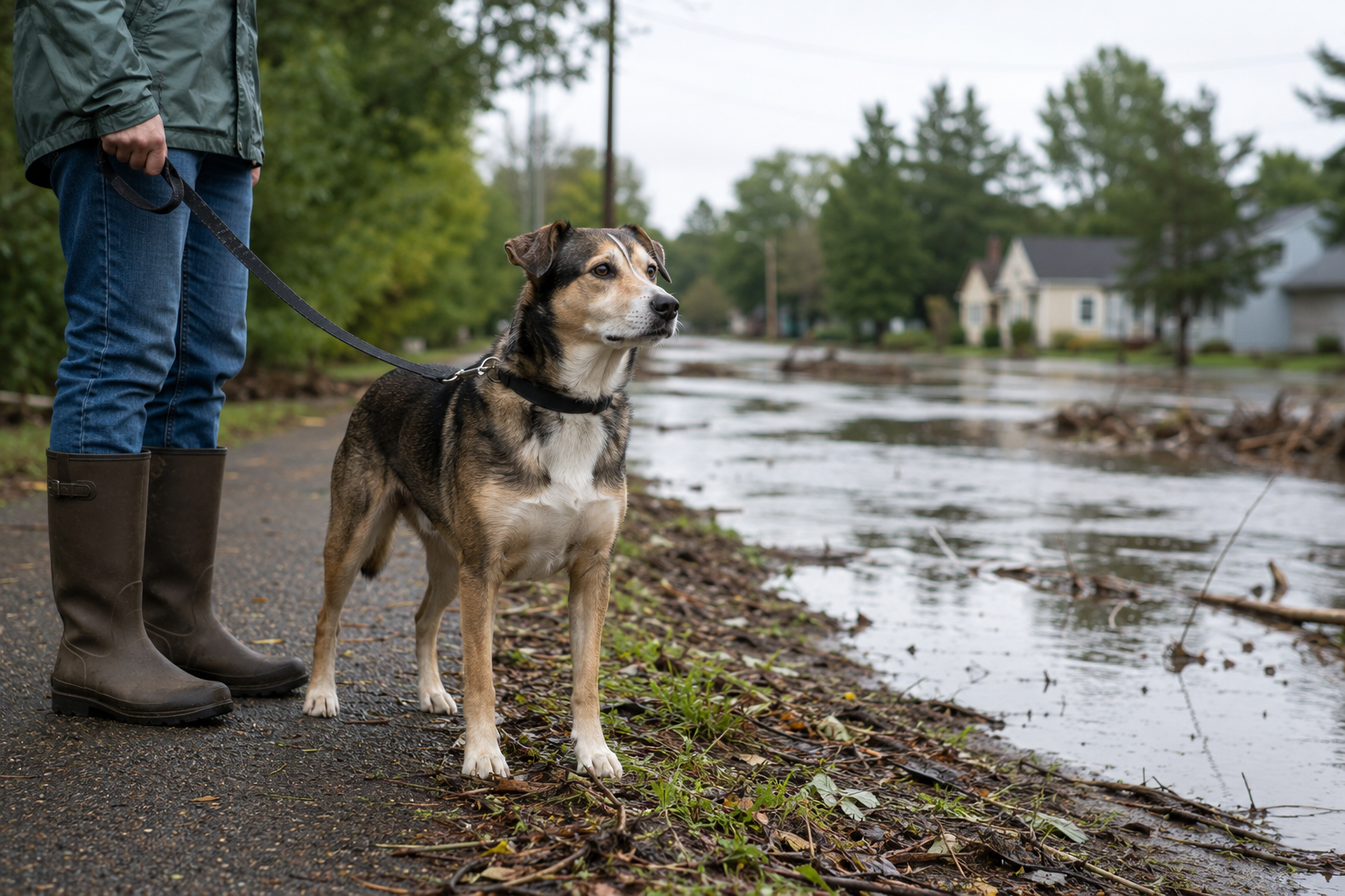 Leashed dog kept on dry ground beside floodwater after heavy rain