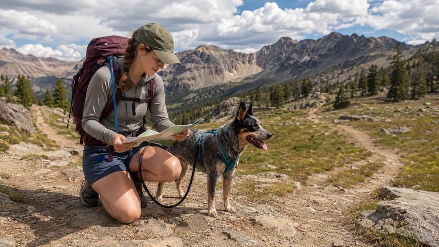 Hiker checking a trail map beside a leashed cattle dog in the mountains