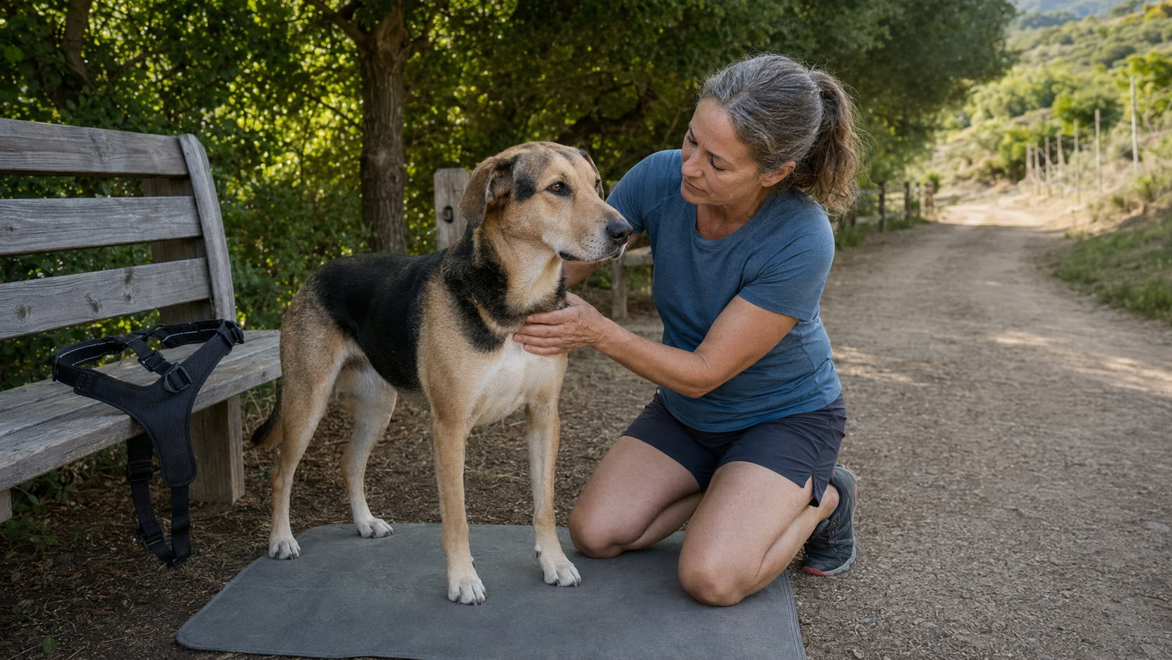 Owner checking a dog's chest after removing a rubbing harness