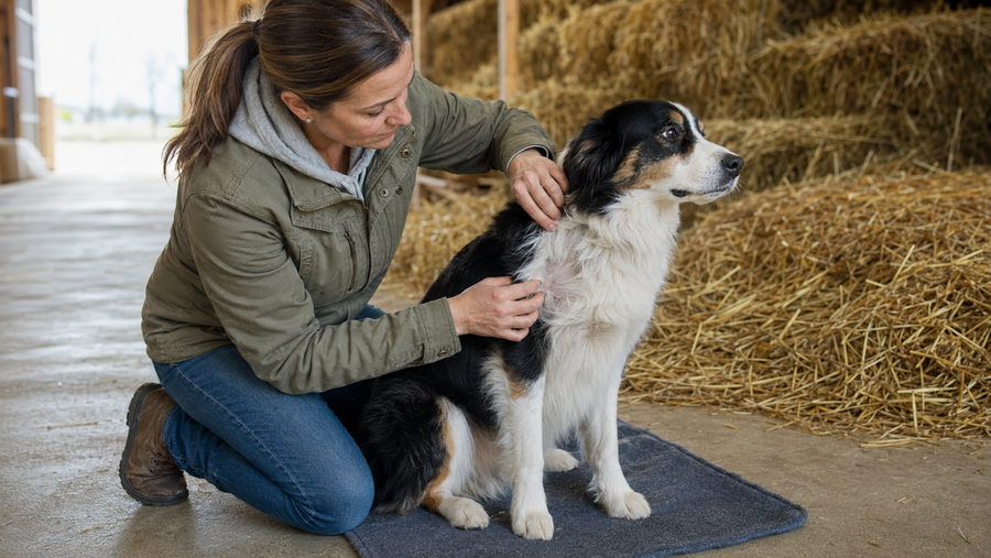 Owner checking a dog's skin after exposure to hay and straw
