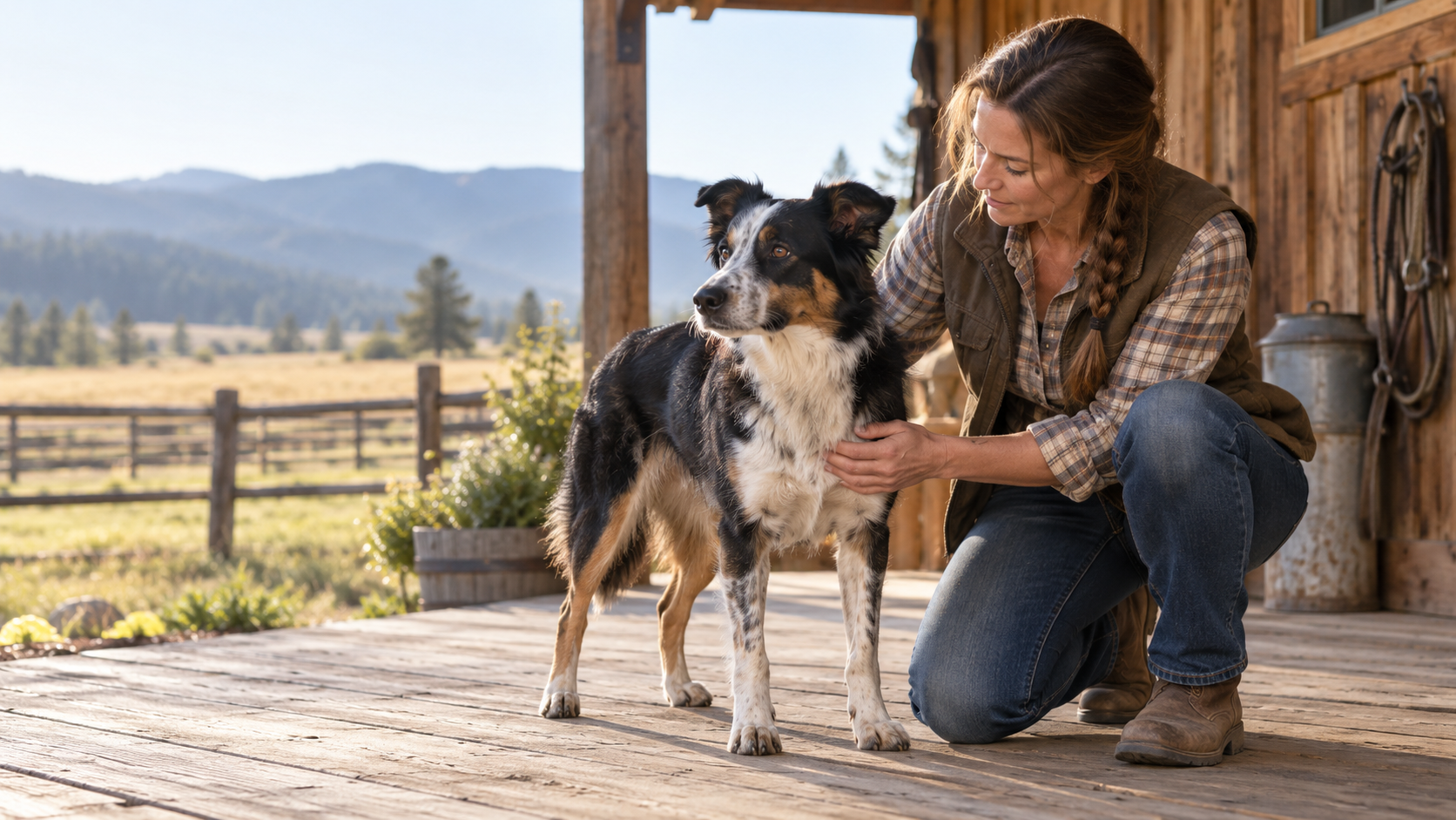 Owner calmly checking a border collie’s stance and shoulder after activity at a ranch