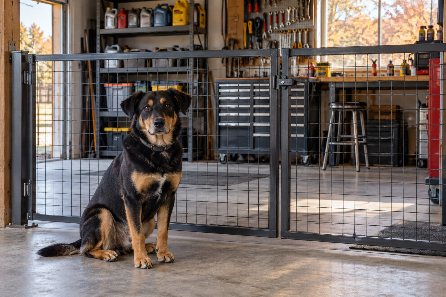 Healthy ranch dog separated from a workshop by a latched mesh gate
