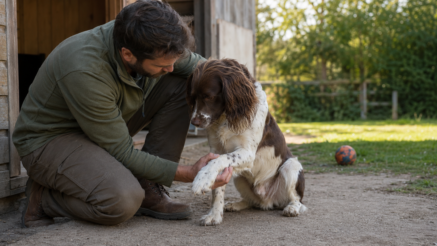 Owner checking a dog's front leg after play