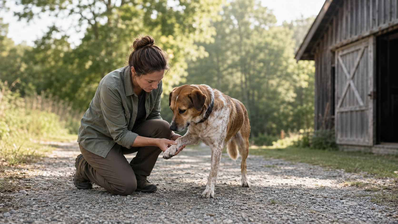 Owner gently checking a dog’s front paw after a walk on a shaded gravel path
