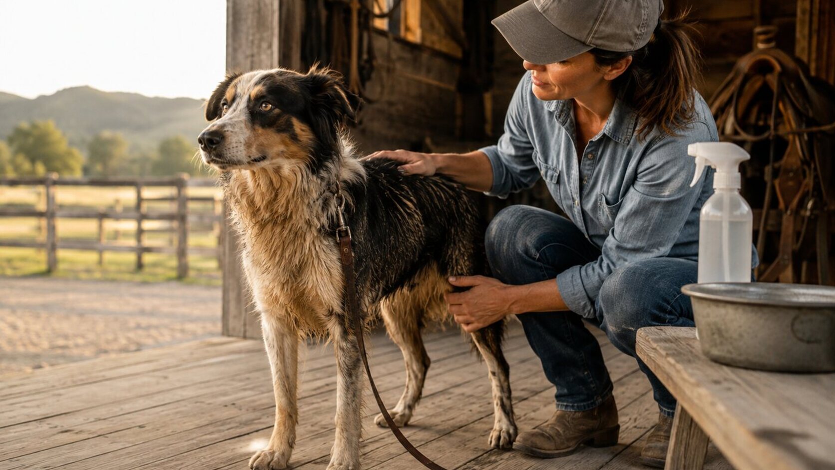 Active ranch dog receiving a post-activity coat and movement check