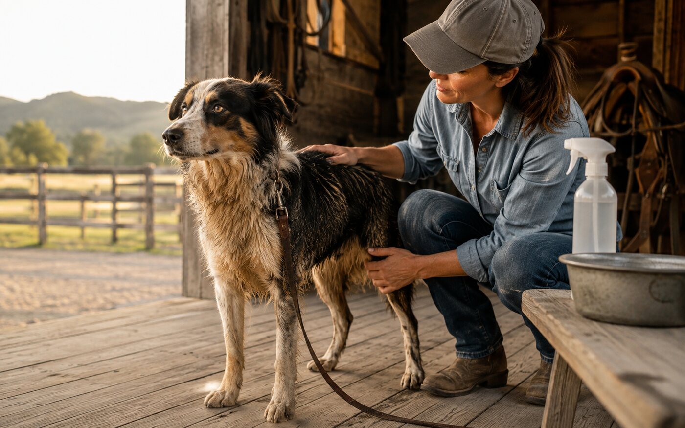 Active ranch dog receiving a post-activity coat and movement check