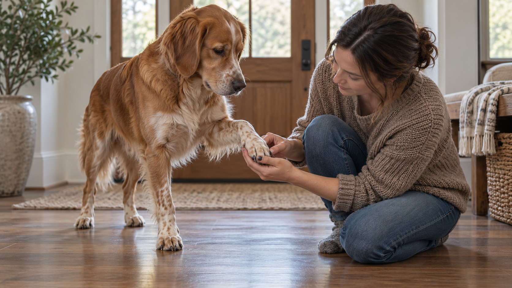 Owner examining a dog's front paw and nails on a hardwood floor