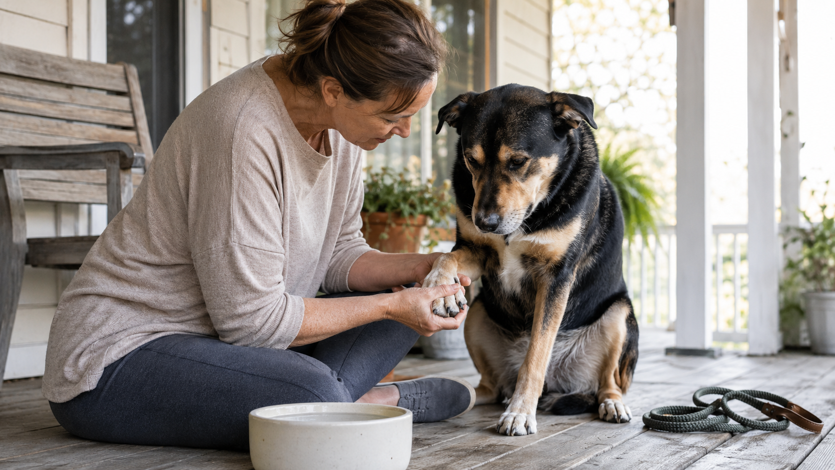 Owner gently checking a dog's paw the morning after fireworks