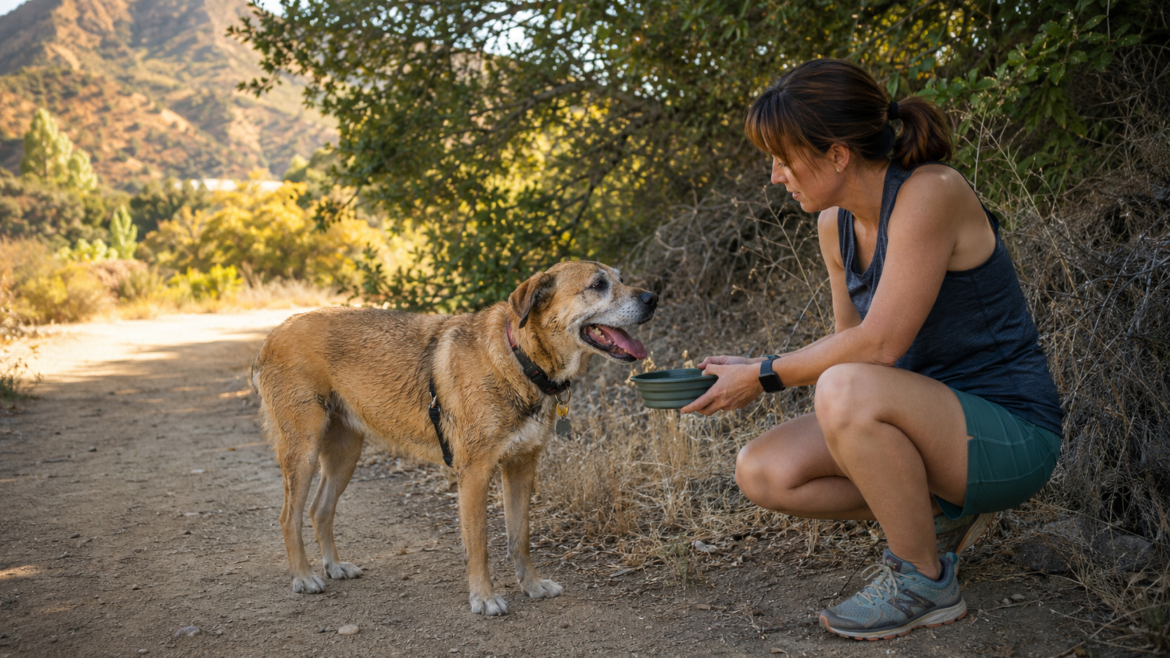 Dog panting after a walk while owner offers water during a shaded cool-down