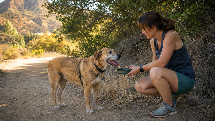 Dog panting after a walk while owner offers water during a shaded cool-down