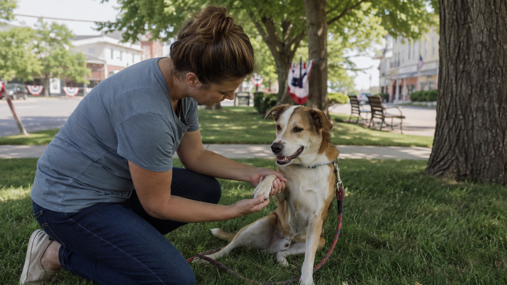 Owner checking a dog's paw after pavement, crowds and a parade